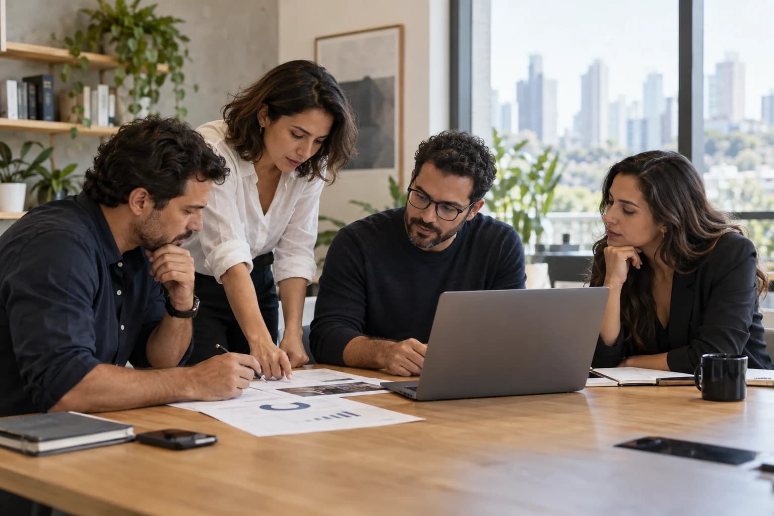 Quatro colegas em uma sala de reunião, consultando documentos ao redor de um notebook.
